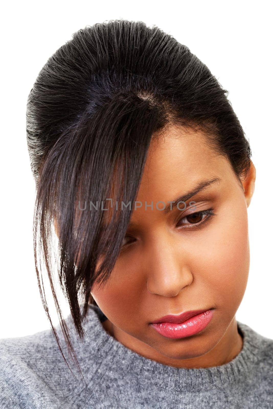 Young beautiful woman in depression. Isolated on white background.