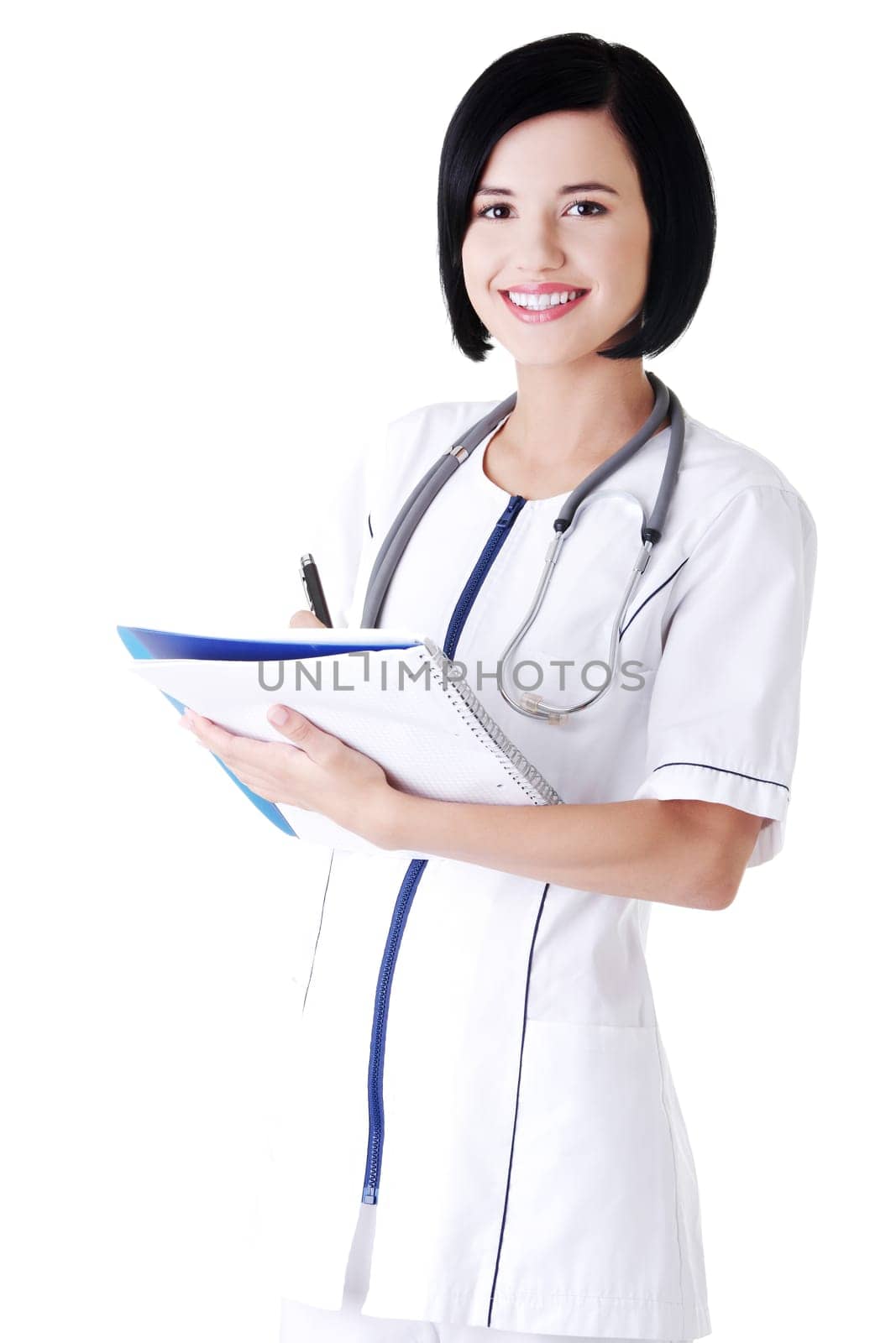 Attractive medicine student or doctor with notebook, isoalted on white