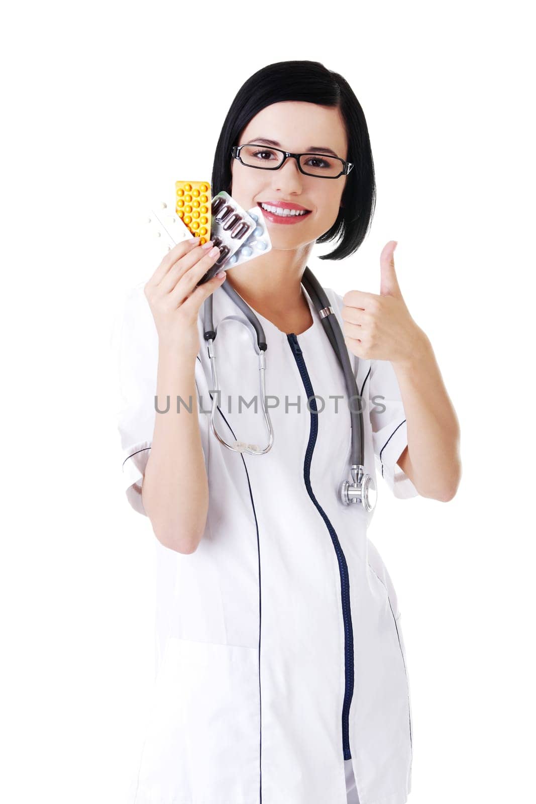 Doctor or nurse holding prescription drugs isolated over white background