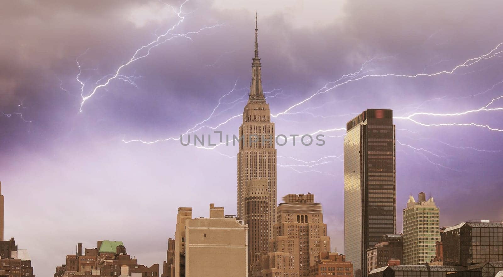 Wonderful view of Manhattan Skyscrapers with beautiful storm colors - New York City.