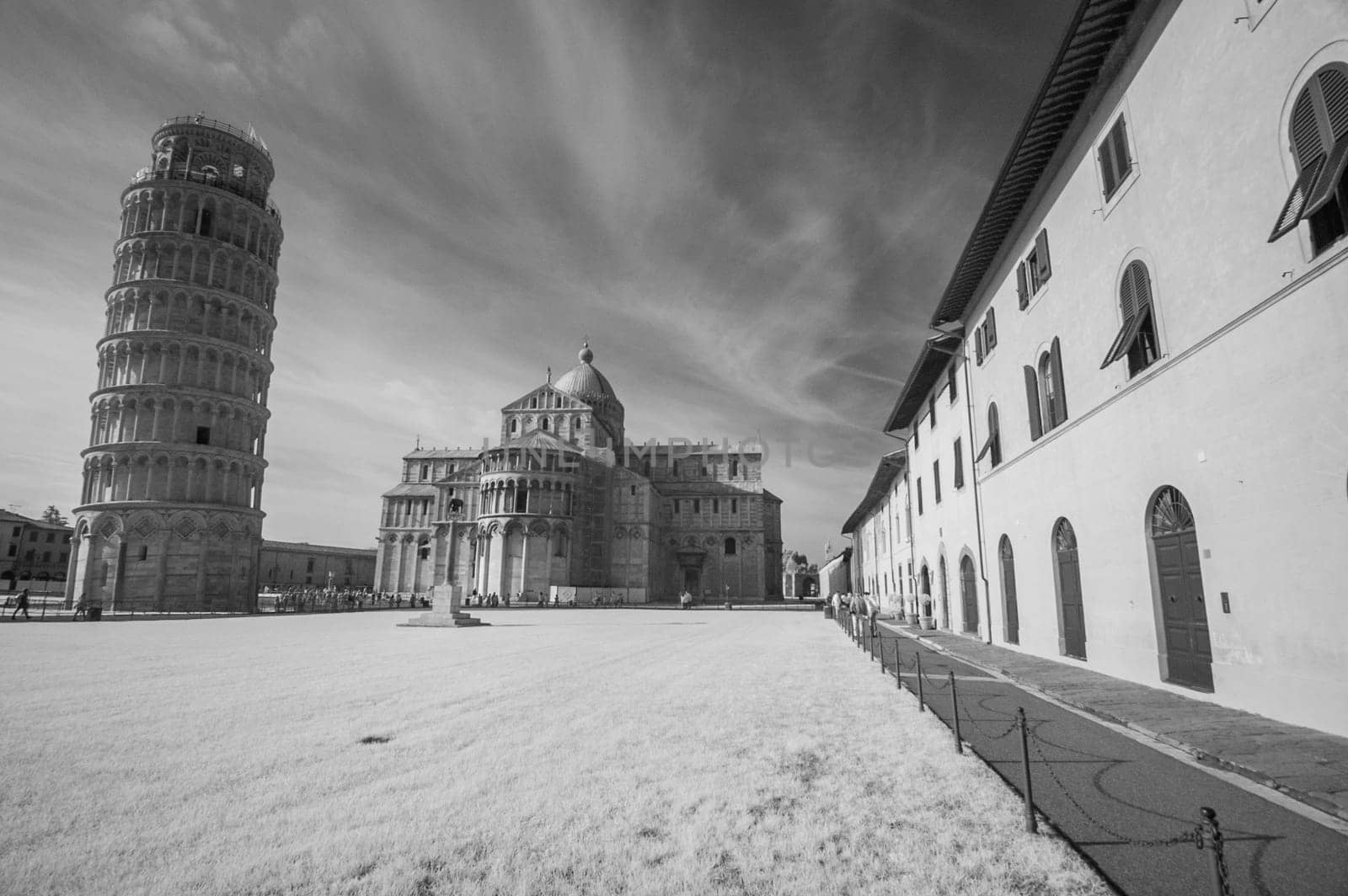 Beautiful infrared view of Leaning Tower in Pisa - Italy - Black and White picture.