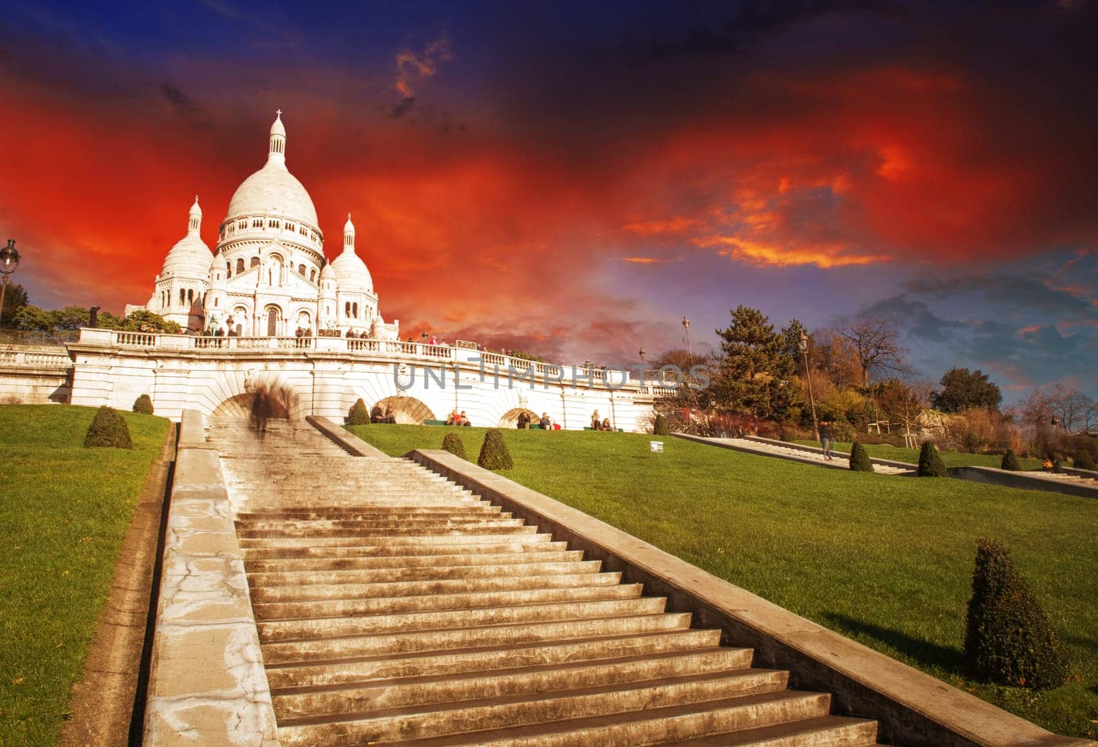 Wonderful view of Sacred Heart Cathedral and Steep Stairs - Paris.