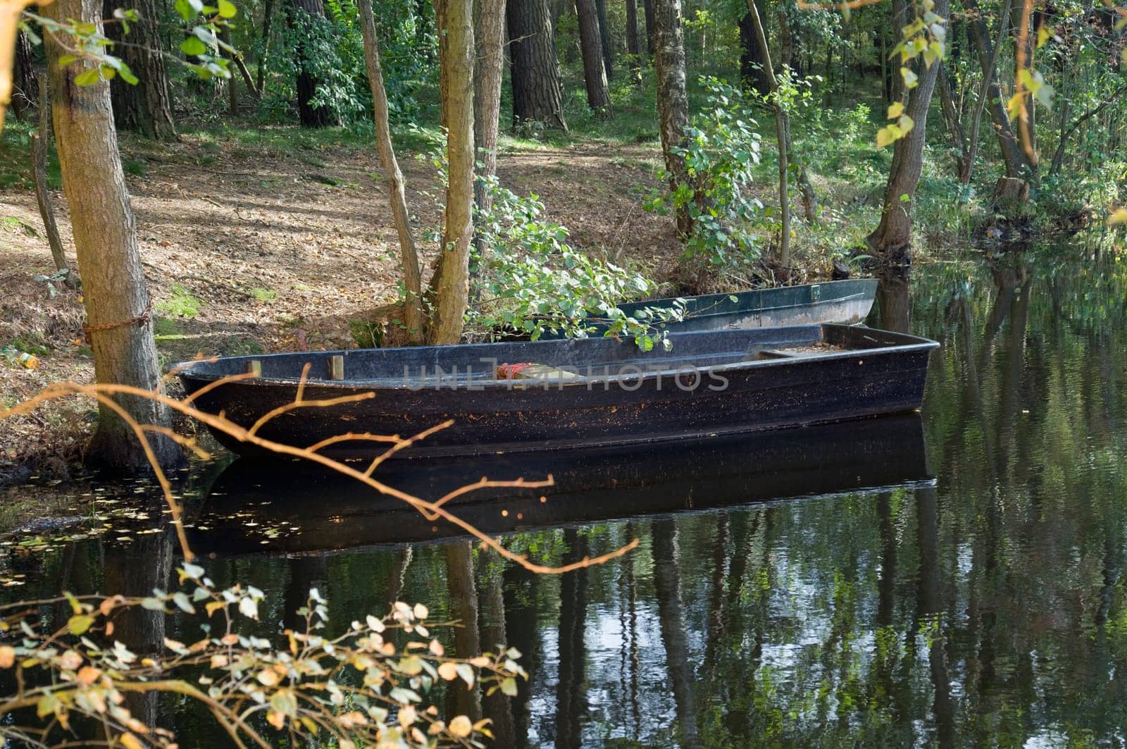 empty fishing barge on the shore of a forest lake  empty fishing boat on the edge of the forest lake