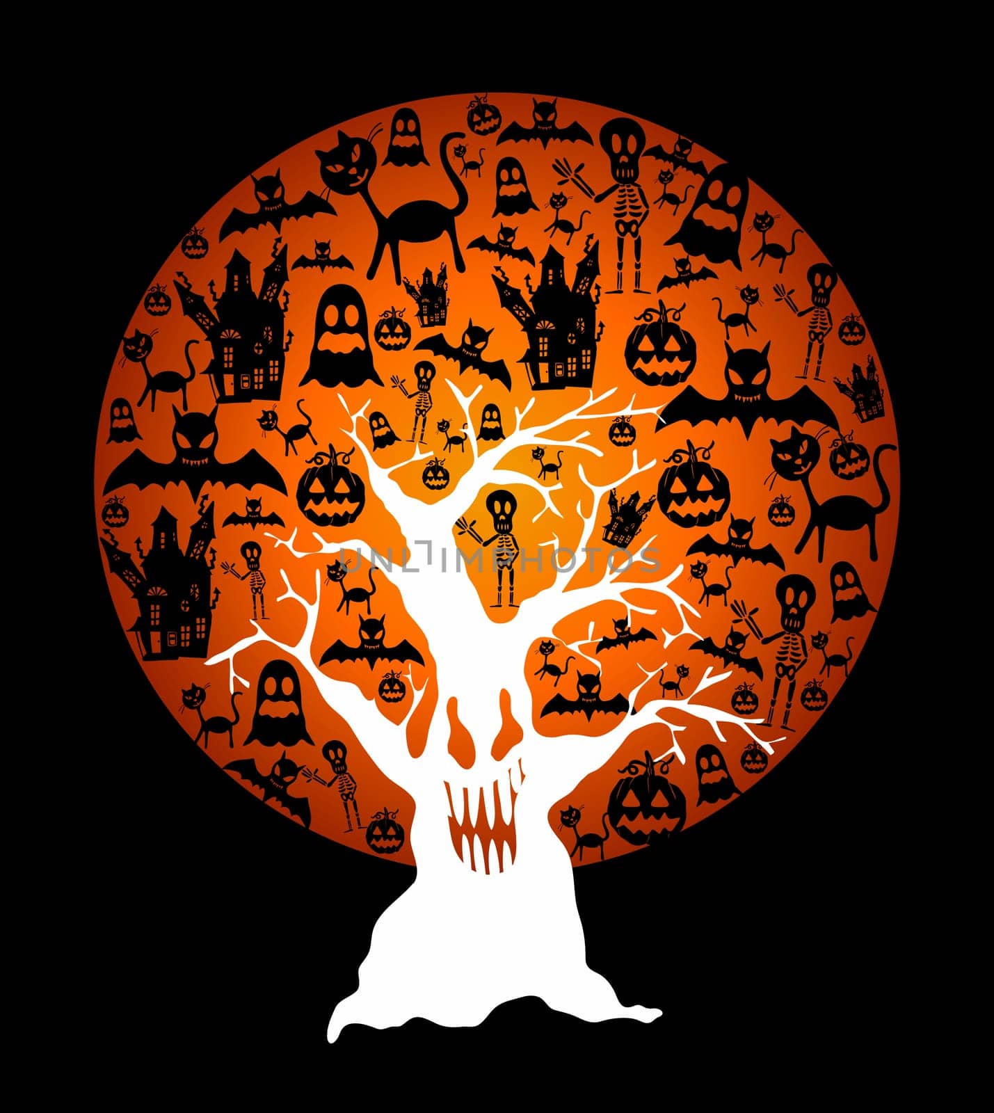 Halloween full moon with elements inside and spooky tree over black background. EPS10 Vector file organized in layers for easy editing..