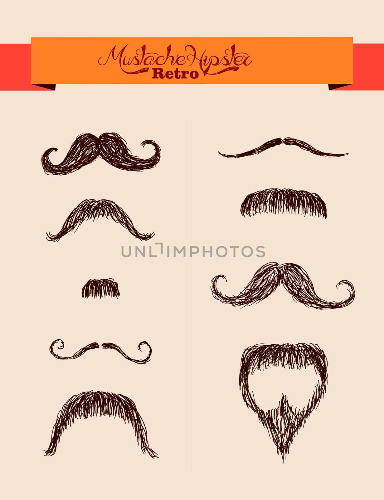 Retro hipsters fashion ribbon text label over mustaches set. EPS10 vector file organized in layes for easy editing.