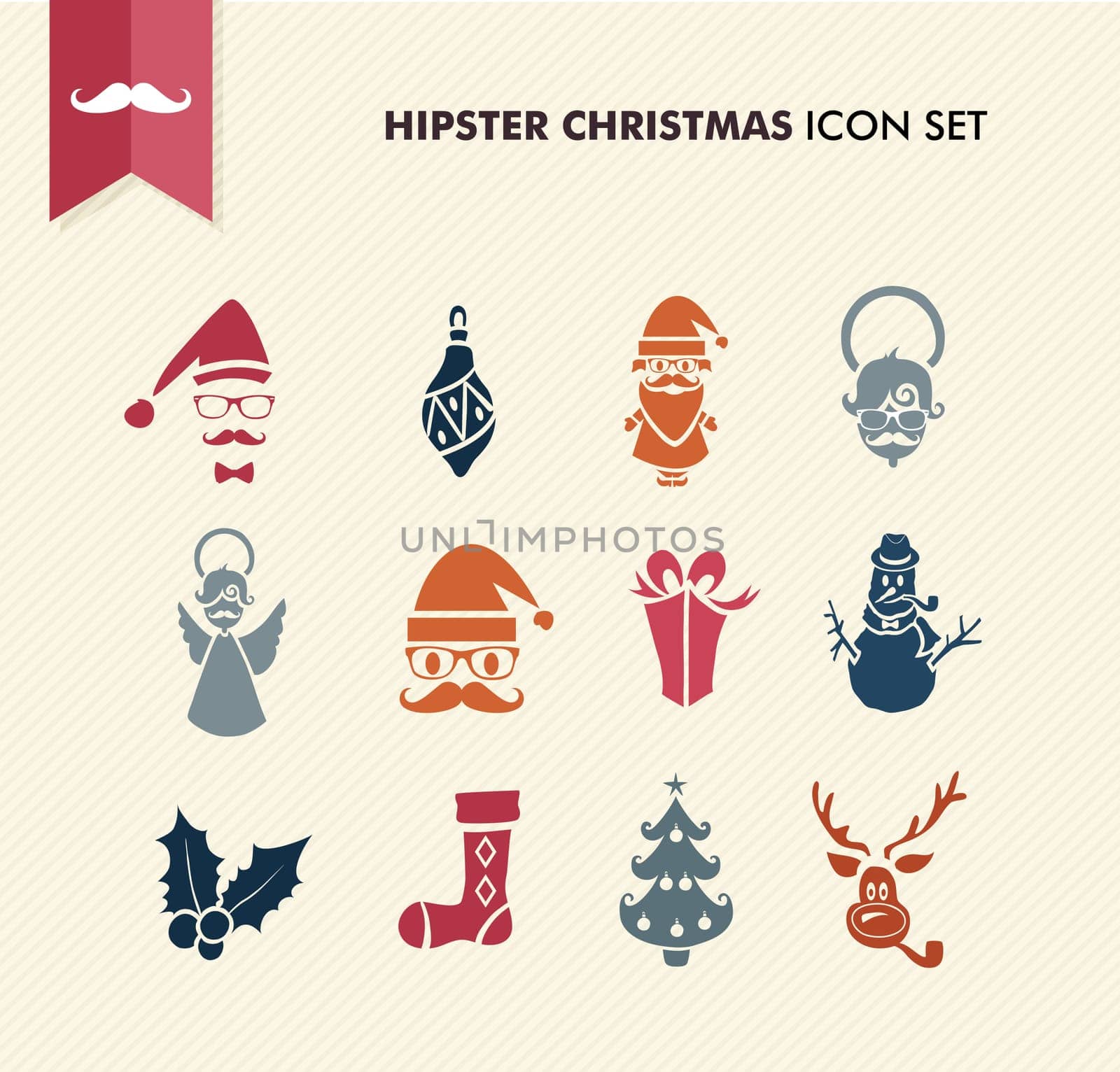 Colorful Hipster Merry Christmas icon set with glasses and fashion elements. EPS10 vector file organized in layers for easy editing.