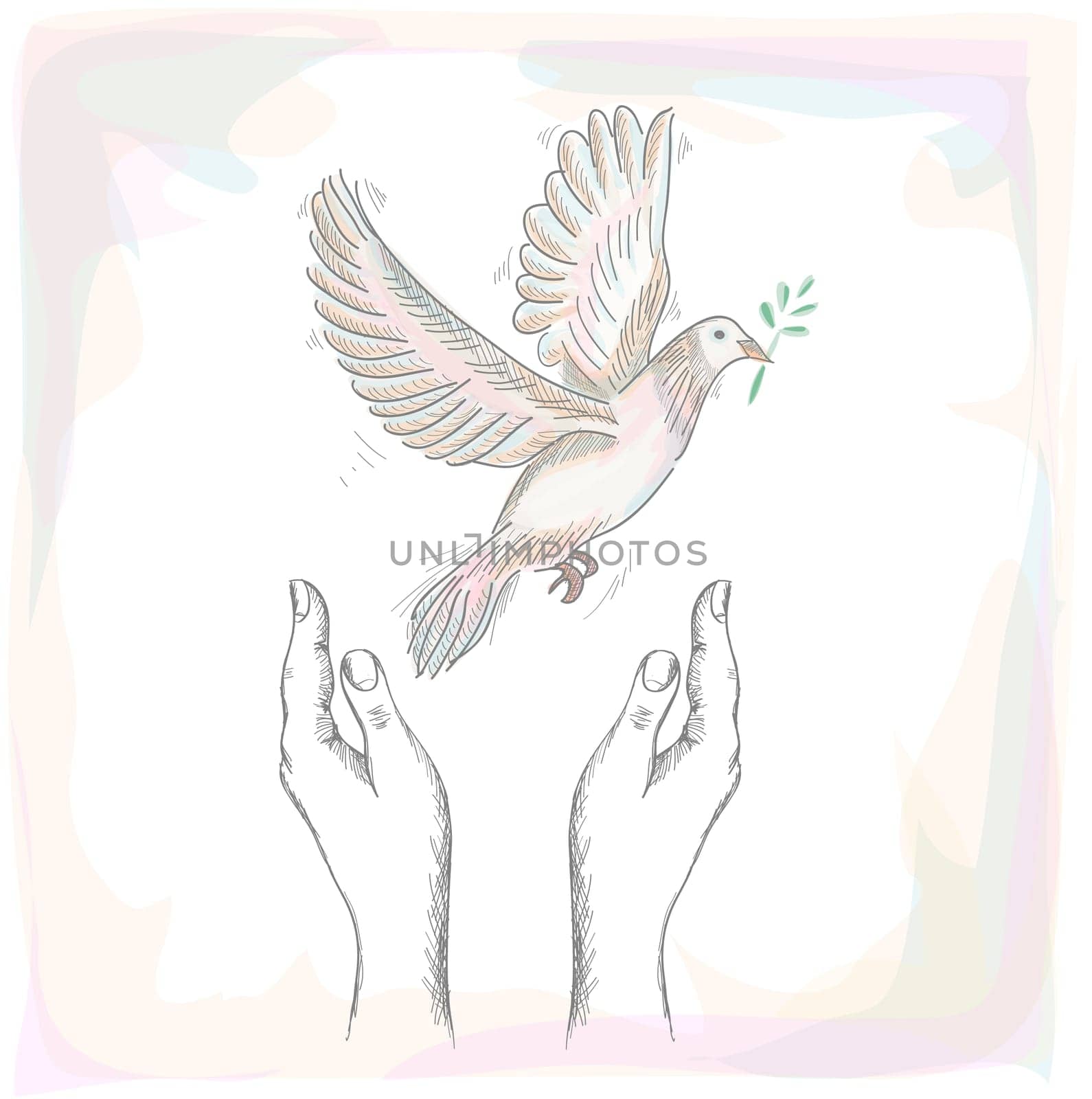 Sketch style human hands with peace symbol dove illustration over texture background. EPS10 Vector file organized in layers for easy editing.