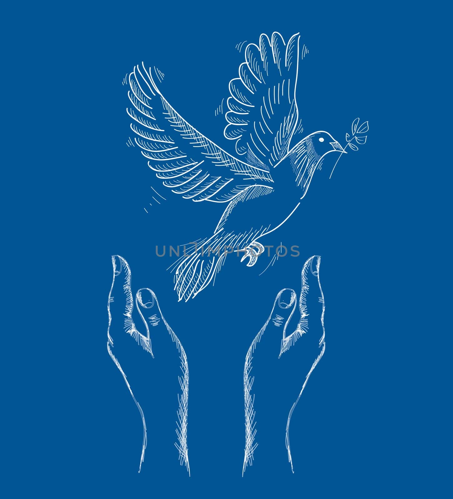 Sketch style human hands with peace symbol dove illustration over blue background. EPS10 Vector file organized in layers for easy editing..