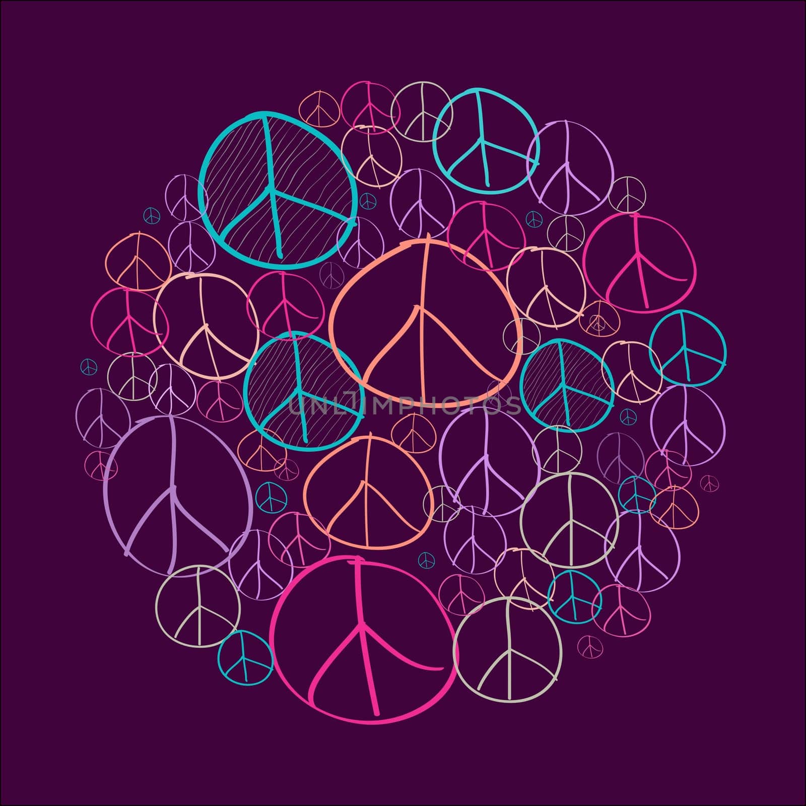 Colorful sketch style peace symbols circle shape composition. EPS10 Vector file organized in layers for easy editing.