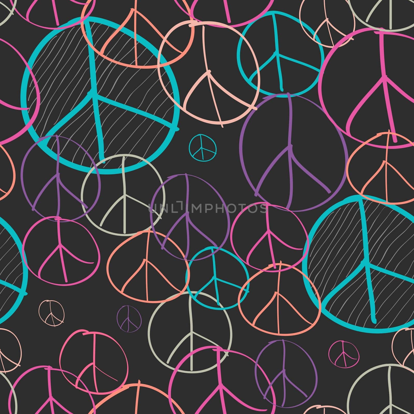 Colorful sketch style peace symbol seamless pattern background. EPS10 Vector file organized in layers for easy editing.