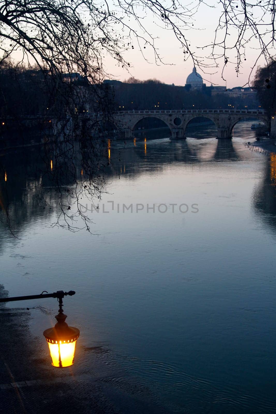 Wide view of the bridges over river Tiber in Rome, Italy.