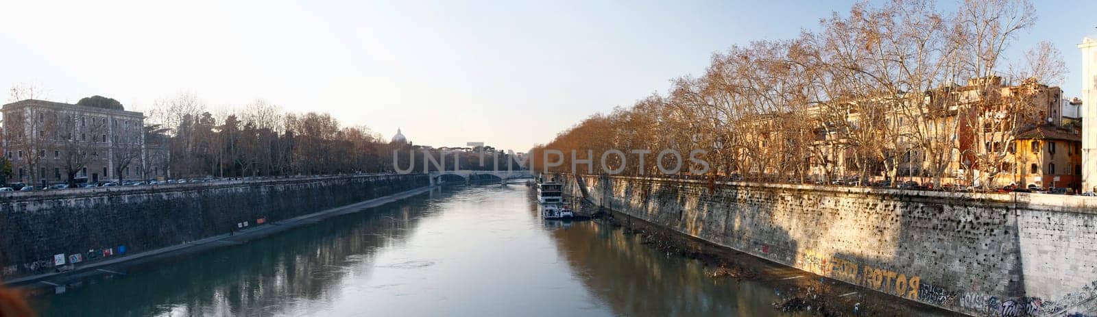 Wide view of the bridges over river Tiber in Rome, Italy.