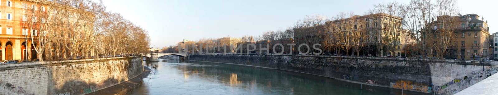 Wide view of the bridges over river Tiber in Rome, Italy.
