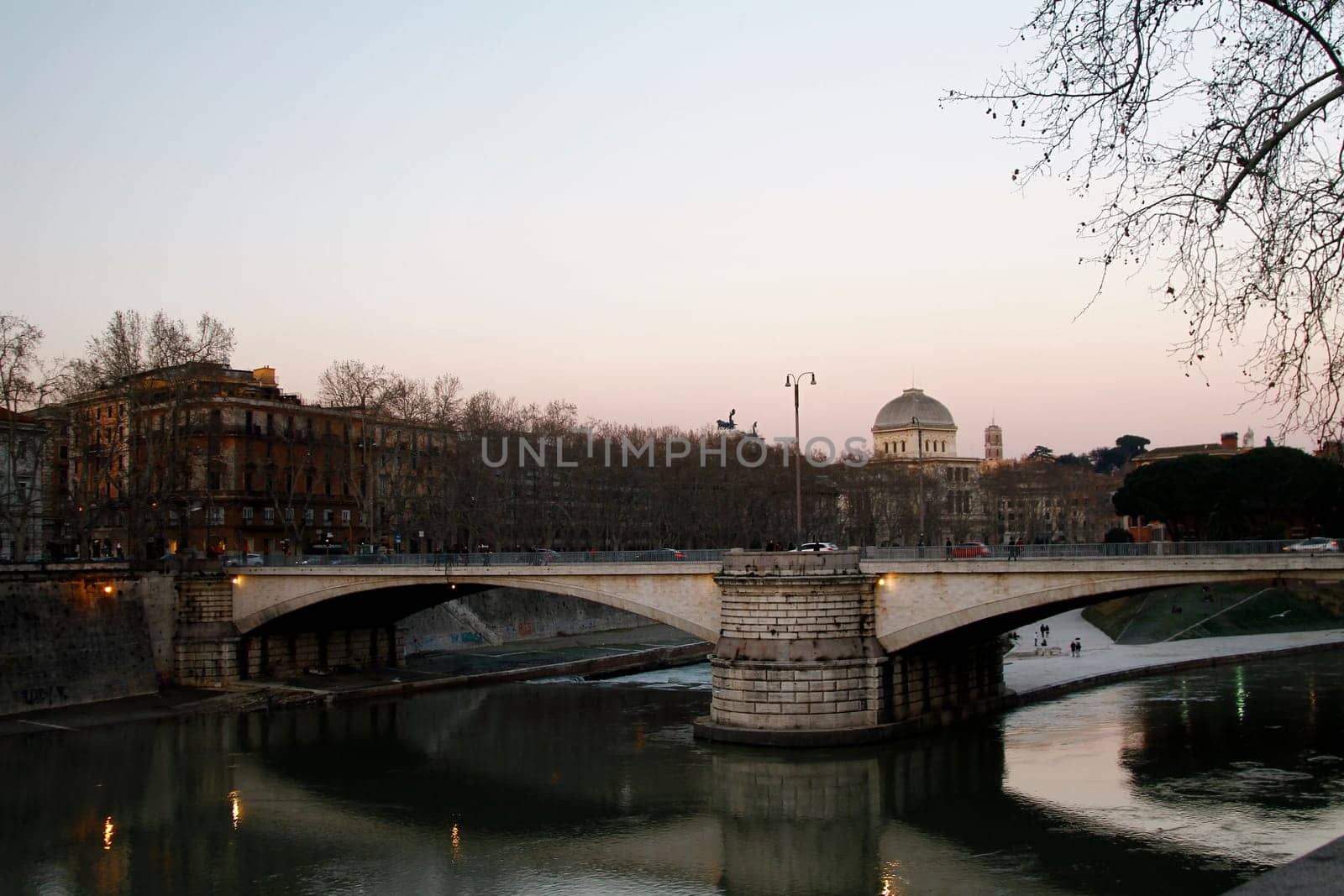 Wide view of the bridges over river Tiber in Rome, Italy.