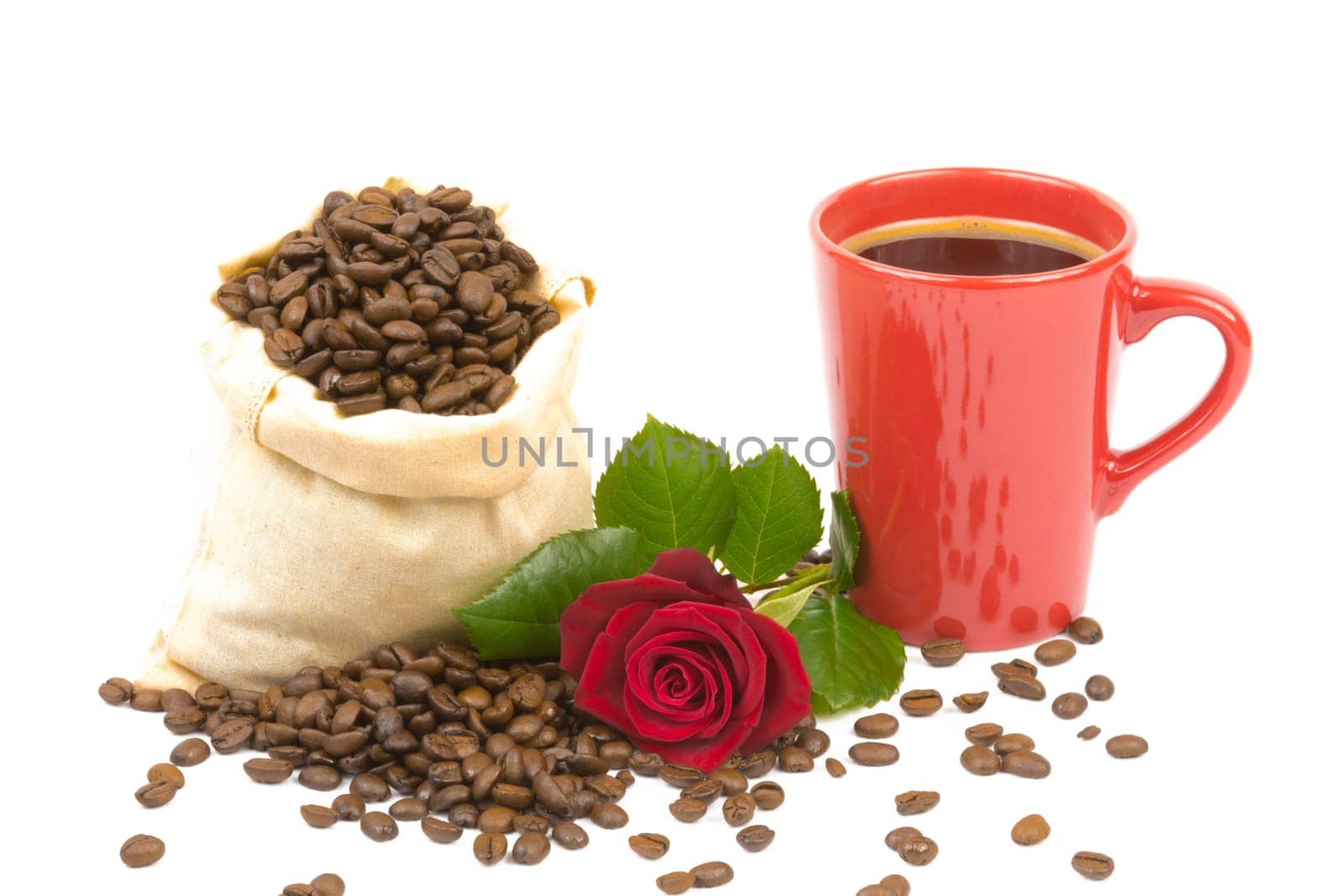 A bag of coffee beans,a cup and a red rose