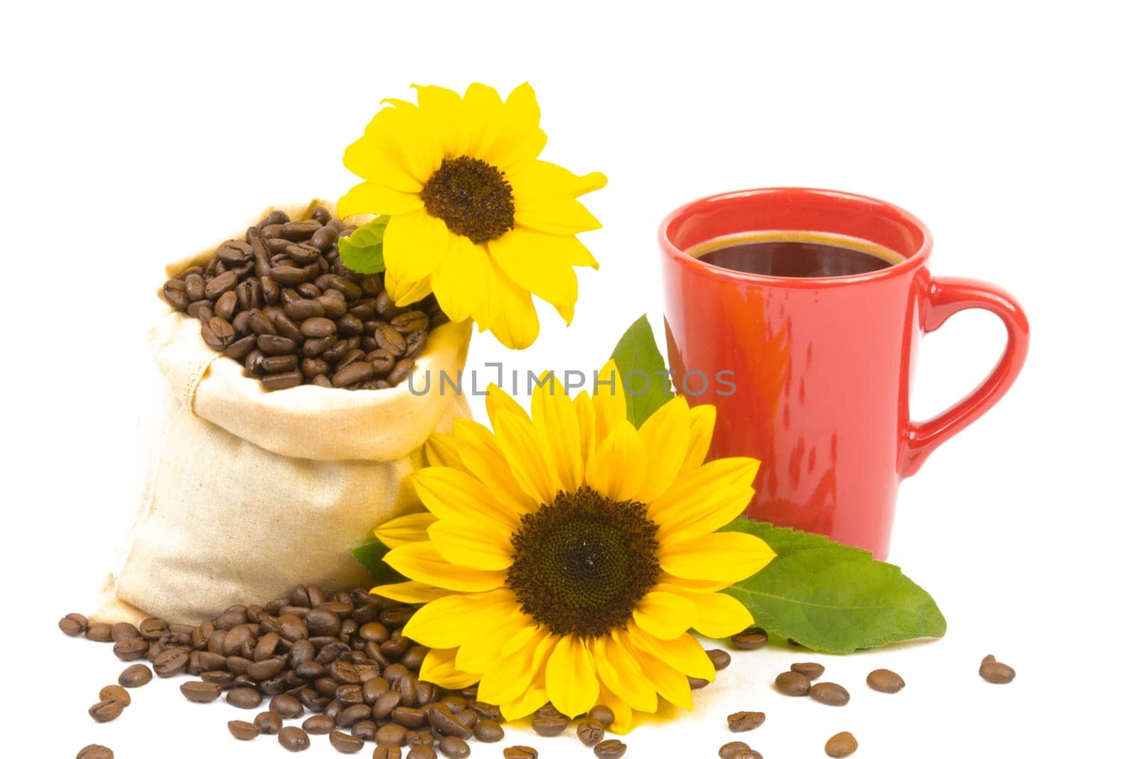A bag of coffee beans,a cup and sunflowers