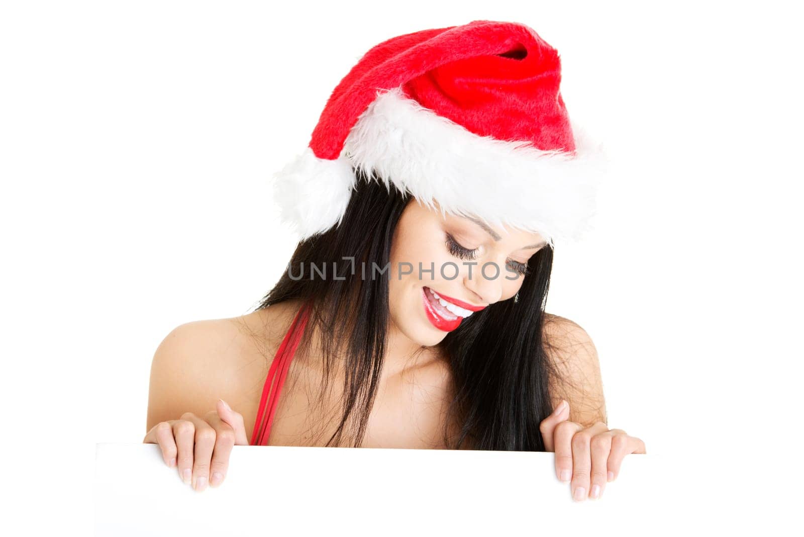 Santa girl holding blank board, isolated on white