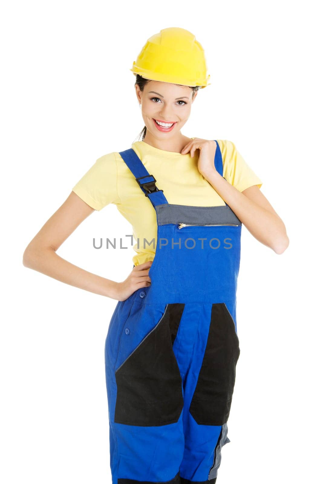 Female construction worker, isolated on white