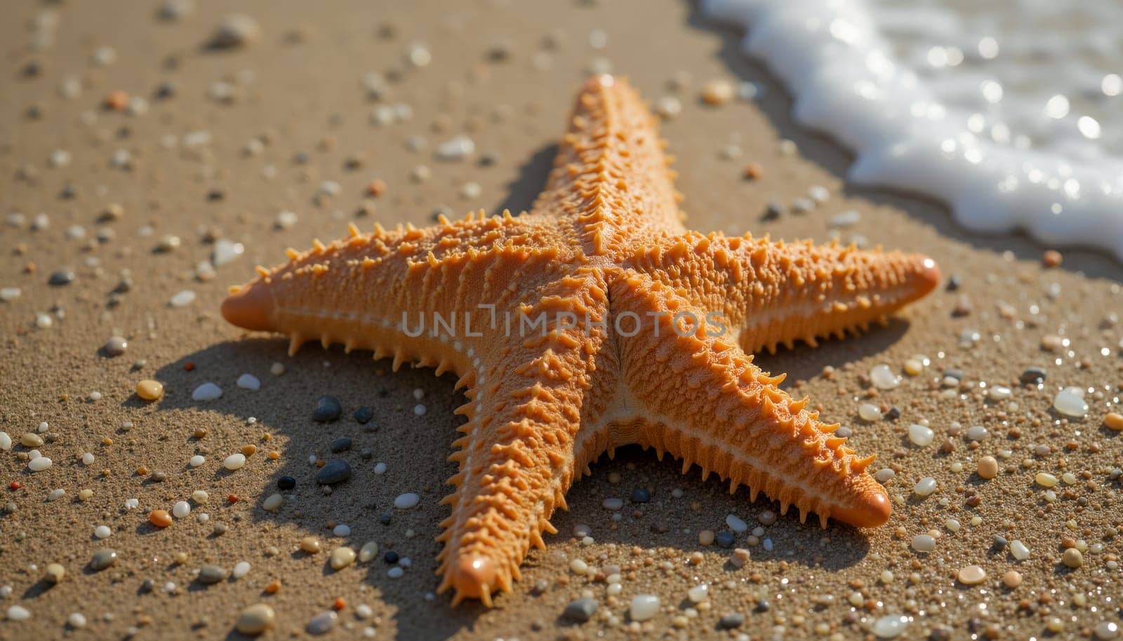 A starfish is laying on the sand at the beach. The starfish is surrounded by the ocean and the beach. The scene is peaceful and serene