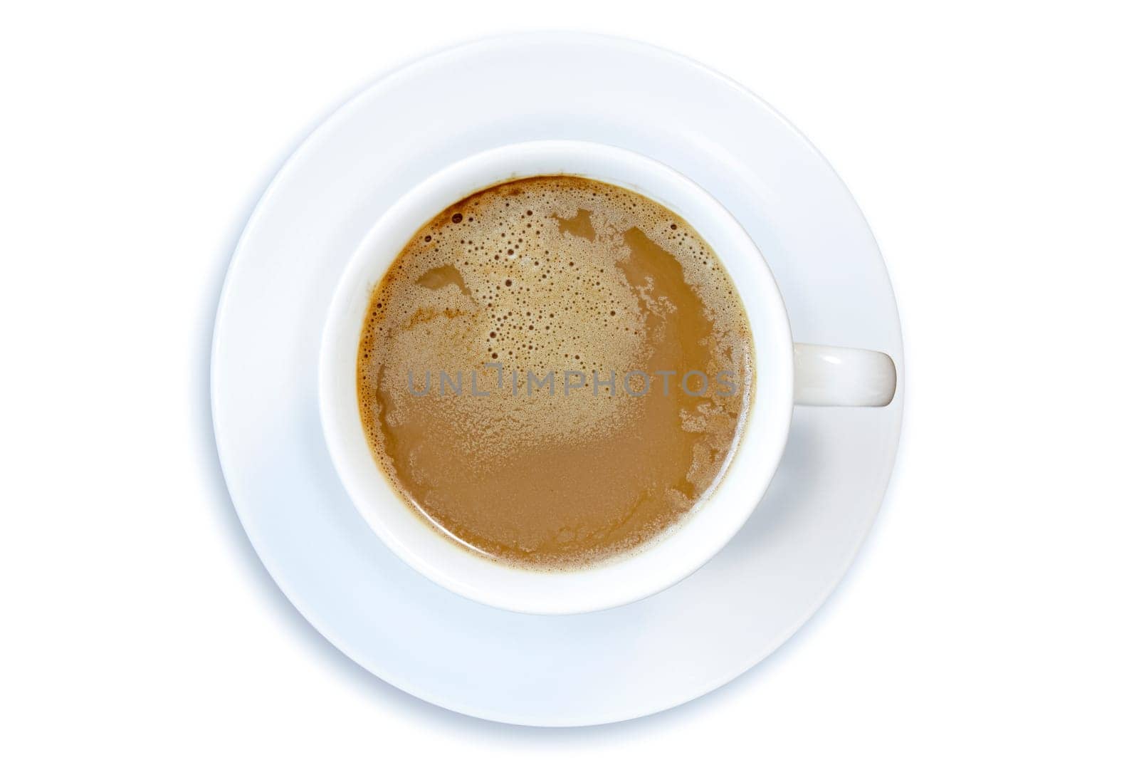 Top view of coffee cup over a white background