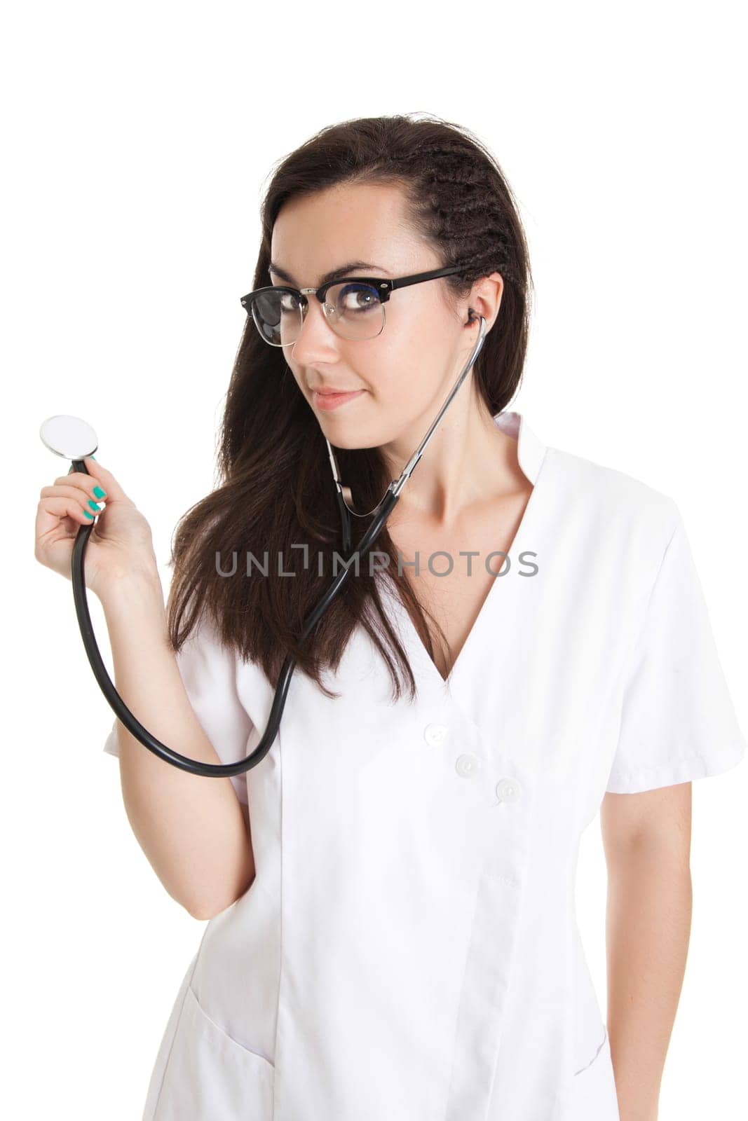 Sexy nurse with stethoscope. female doctor - isolated over a white background