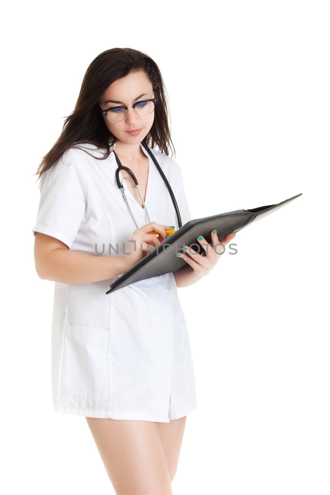 Smiling medical doctor woman Isolated over white background. Sexy beautiful smiling female brunette doctor