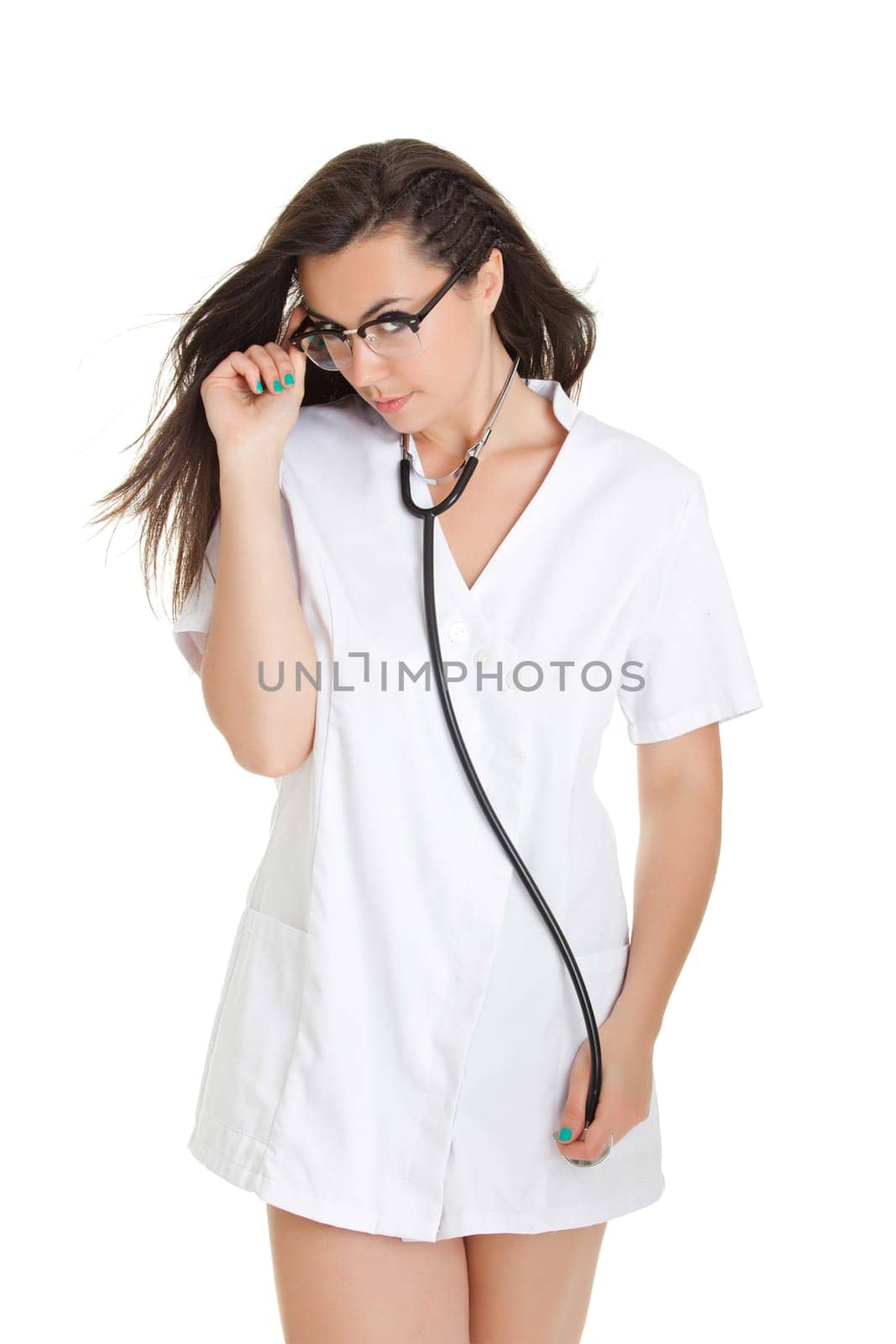 Sexy nurse with stethoscope. female doctor - isolated over a white background