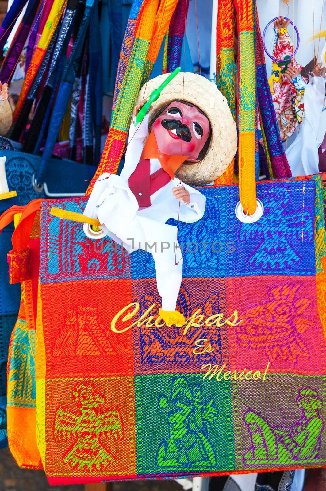 Bag and doll souvenirs for sale in Chiapa de Corzo, Mexico