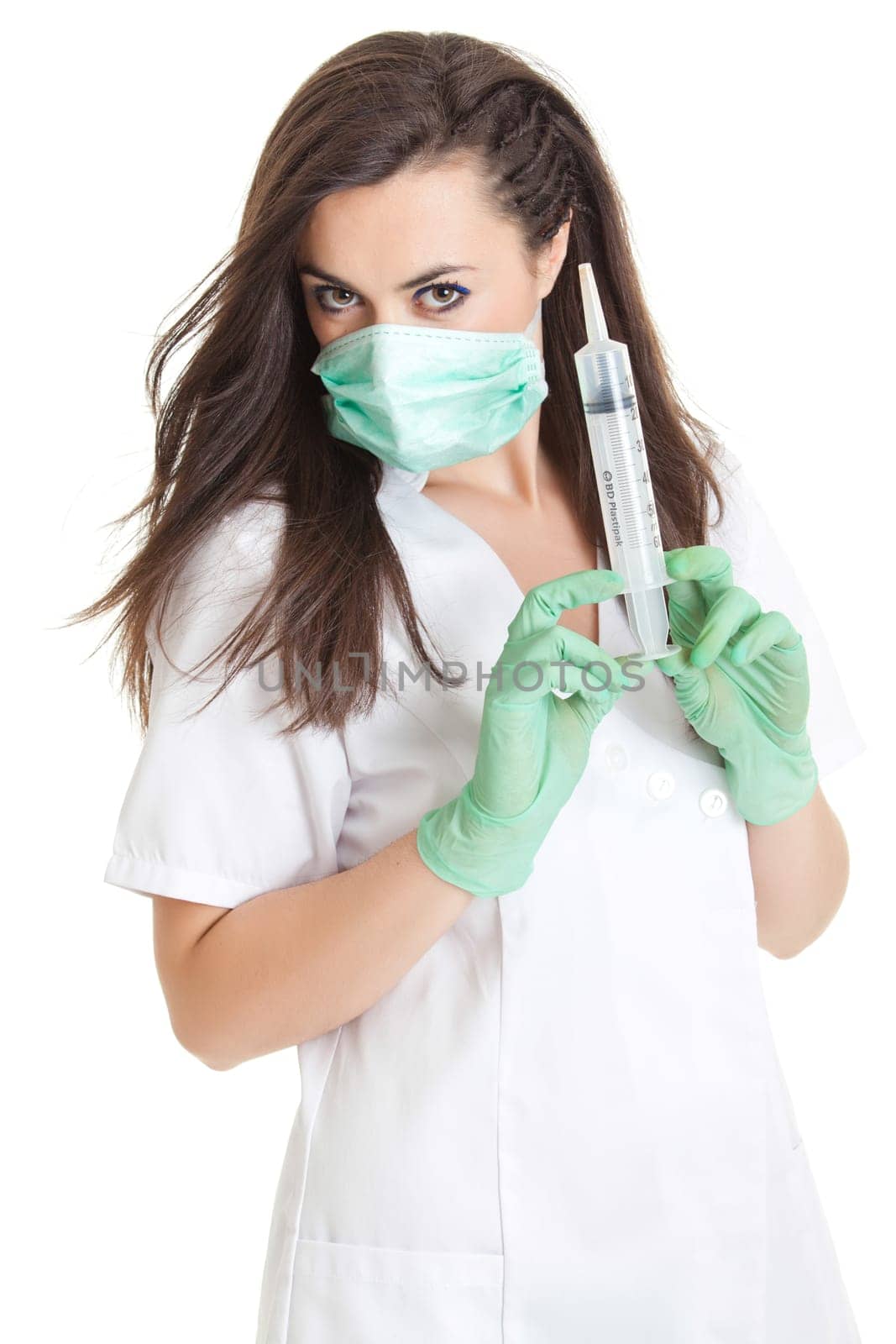Doctor woman with medical syringe. young female doctor with syringe