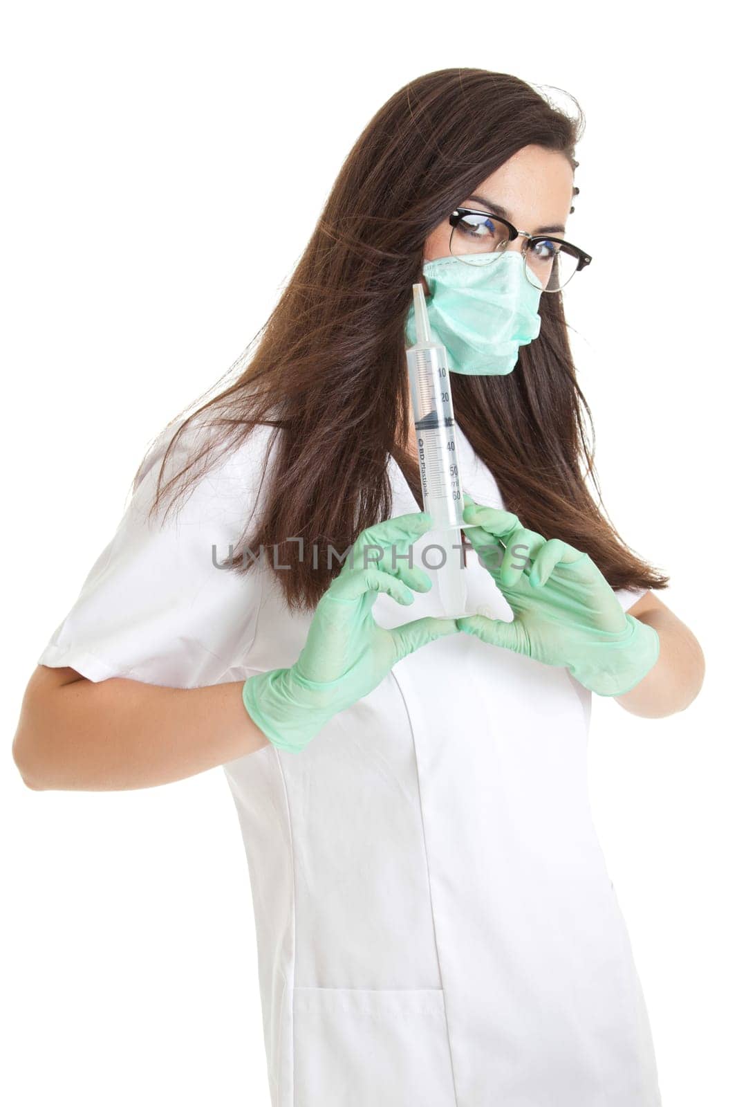 Doctor woman with medical syringe. young female doctor with syringe