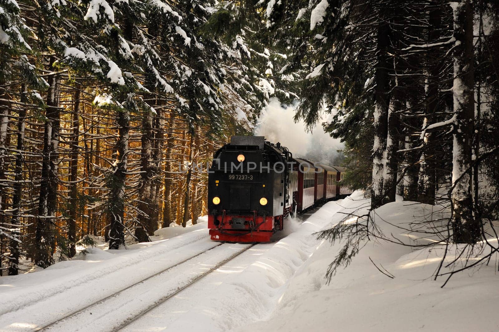 Brocken im Schnee und Eis, Winter,Harz.Harz Narrow Gauge Steam Train in clouds of smoke Harz Brocken