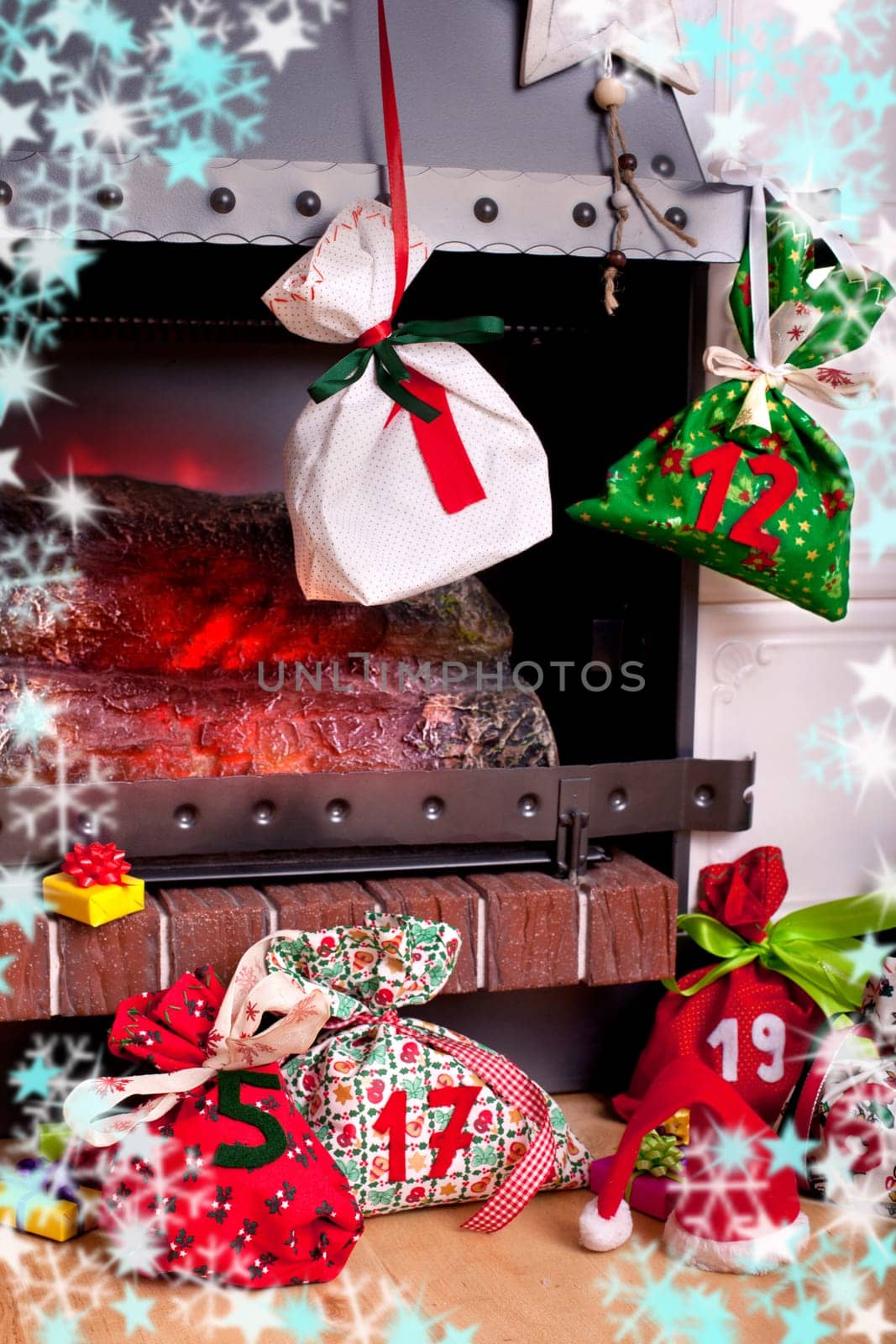 homemade Advent calendar by the fireplace
