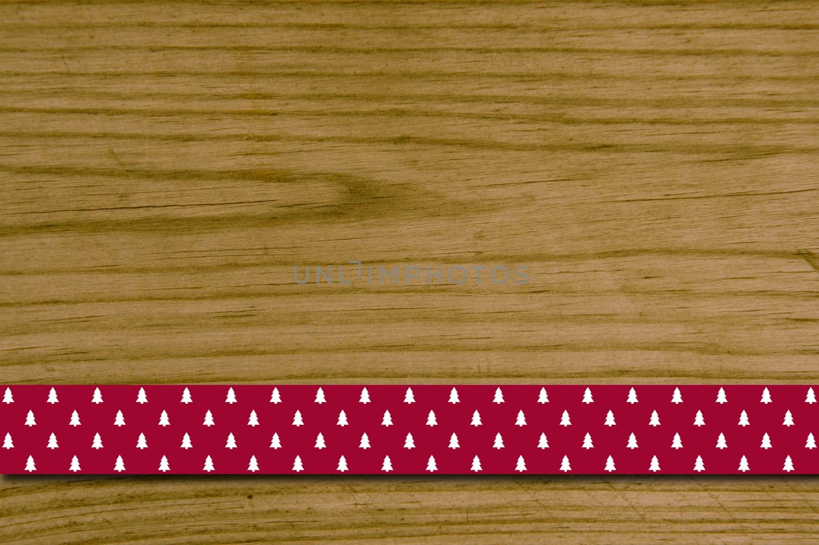Wooden board and strips with fir trees as background