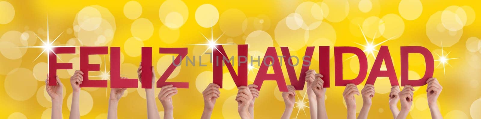 Many Hands Holding the Spanish Words Feliz Navidad Which Means Merry Christmas on a Golden Shiny Background