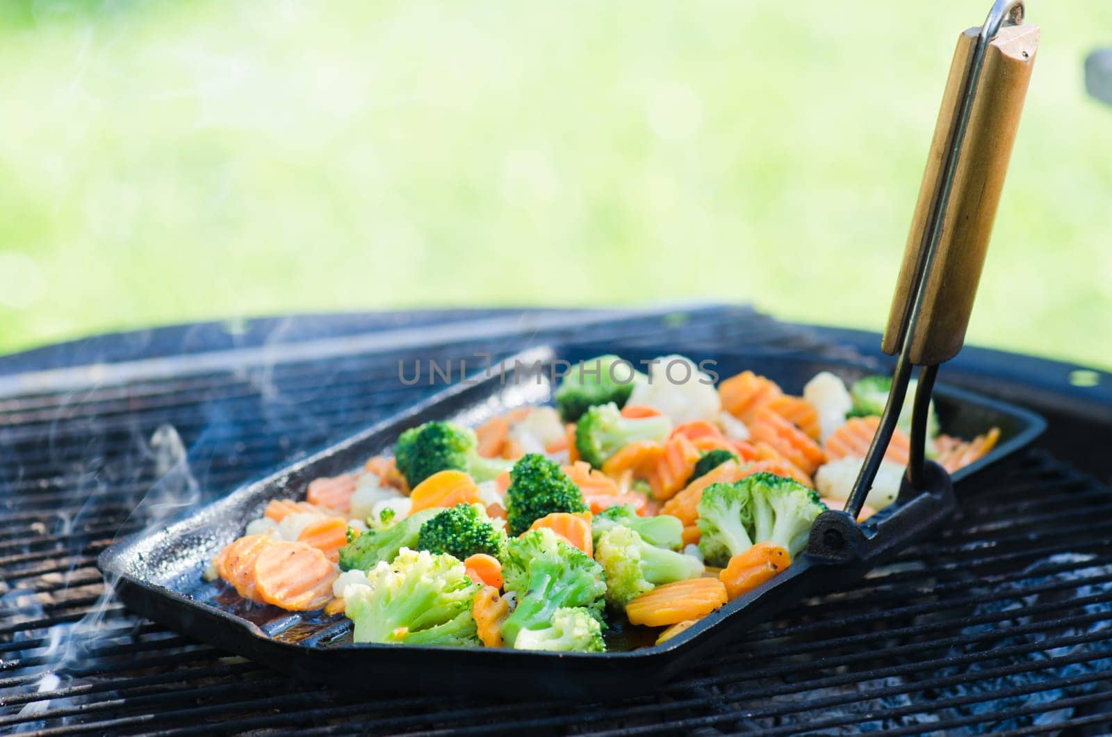 Vegetables fried on coals, close up