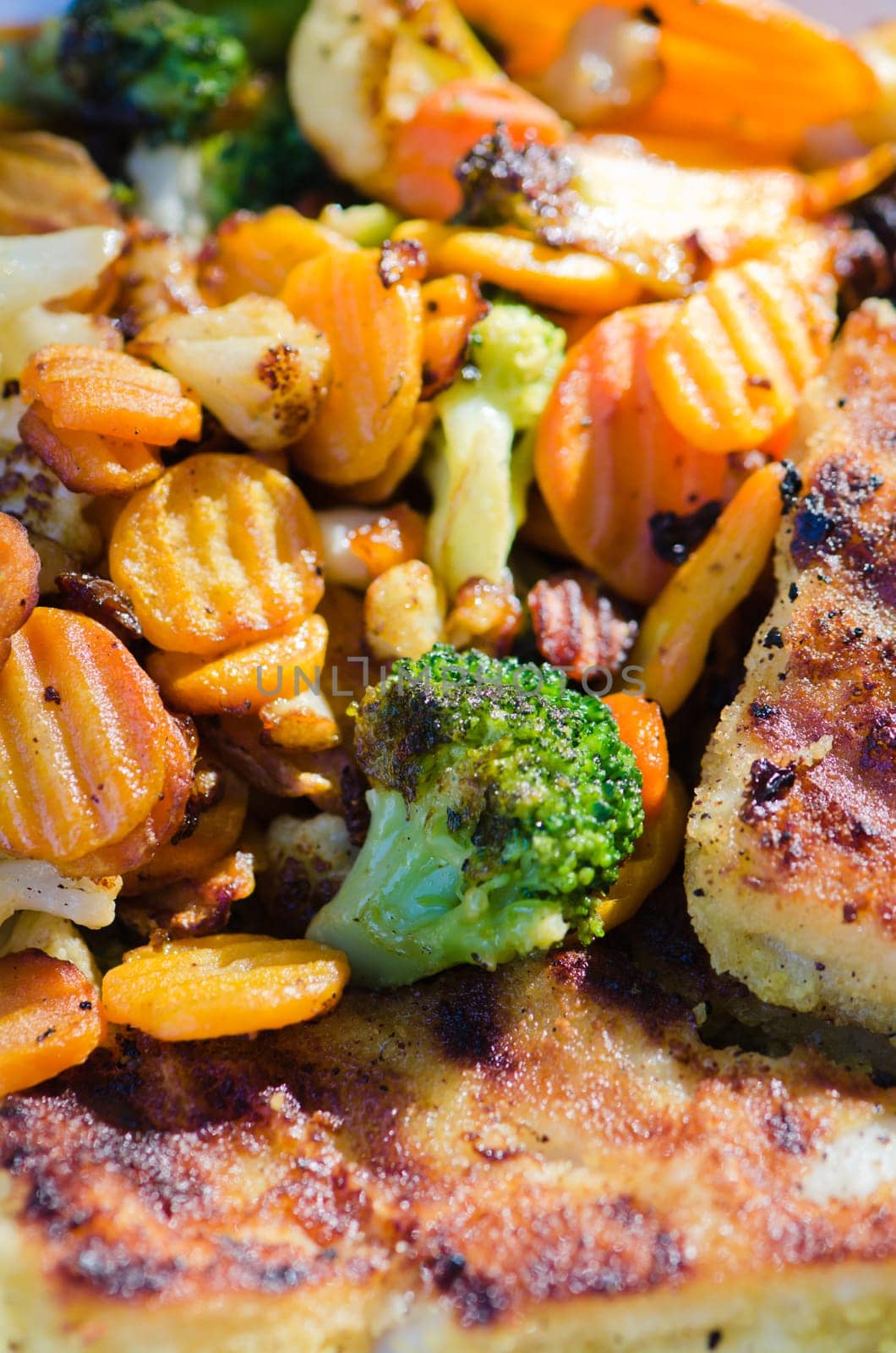 Vegetables fried on coals, close up
