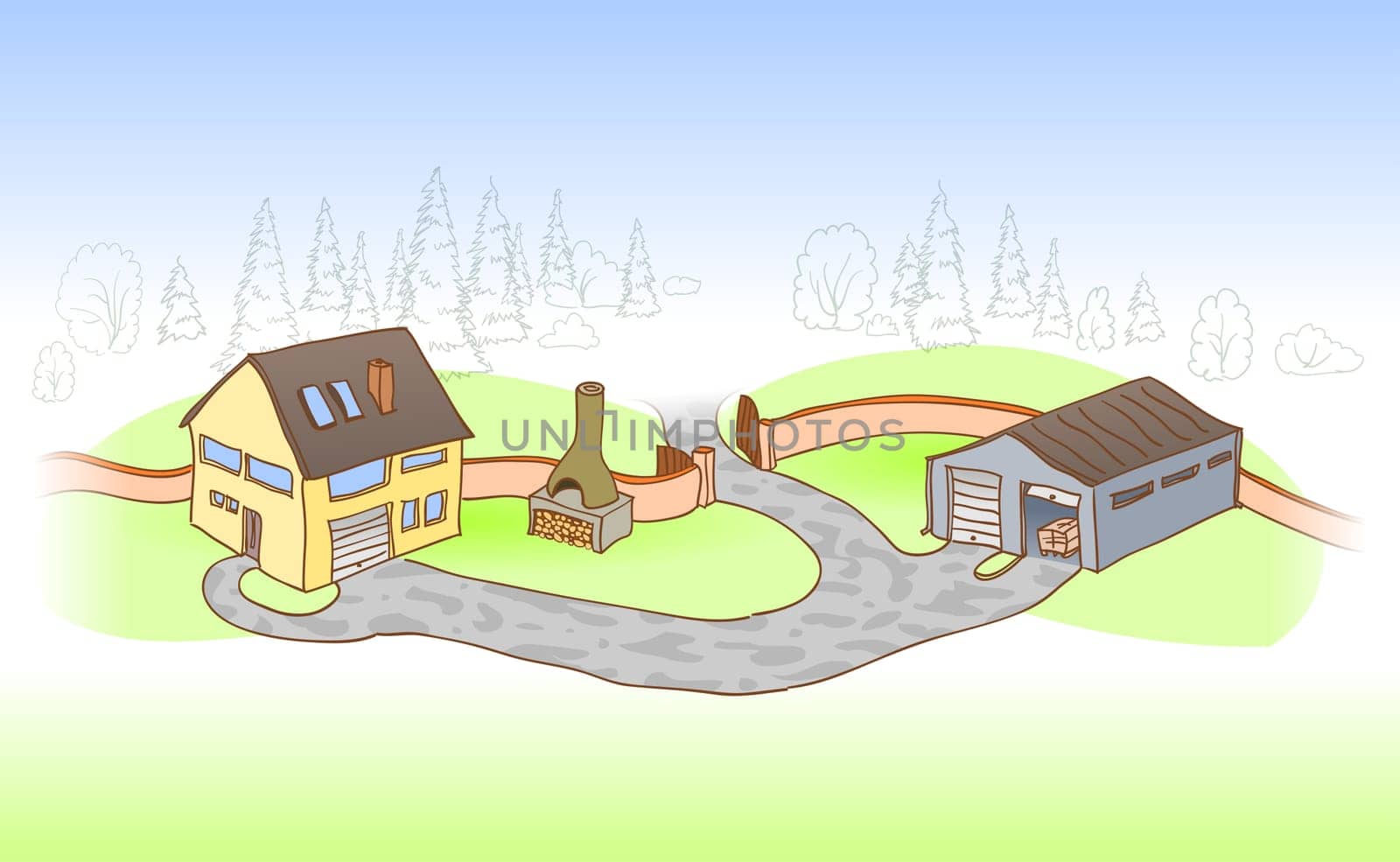 Graphic drawing of house garage and garden