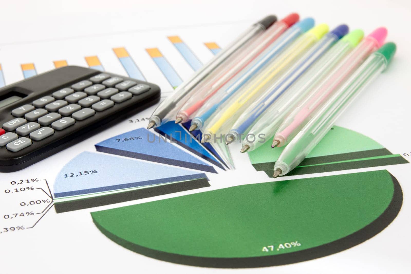 Business chart with a calculator and pile of colored pens