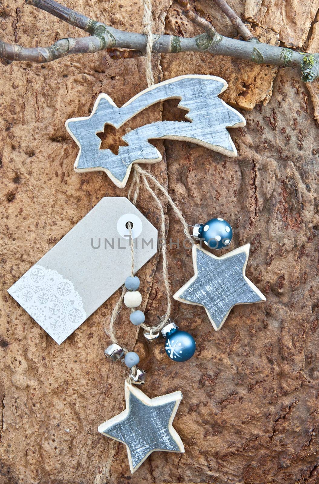 Rustic Christmas decoration on bark background