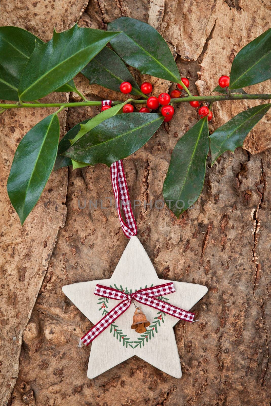 Rustic background with Christmas decorations and holly branches