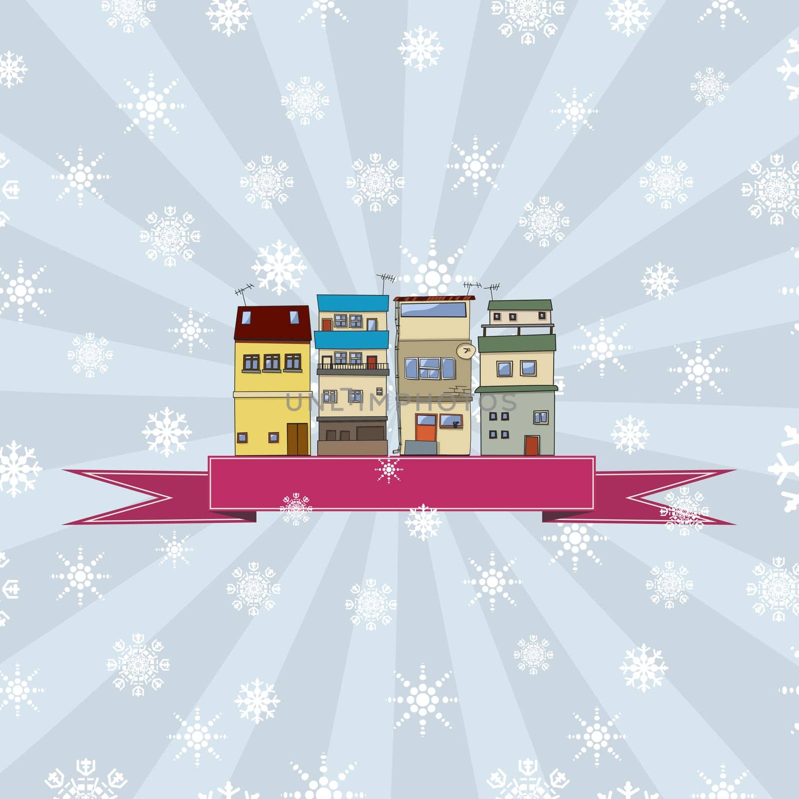 Winter holidays card with vintage houses and banner
