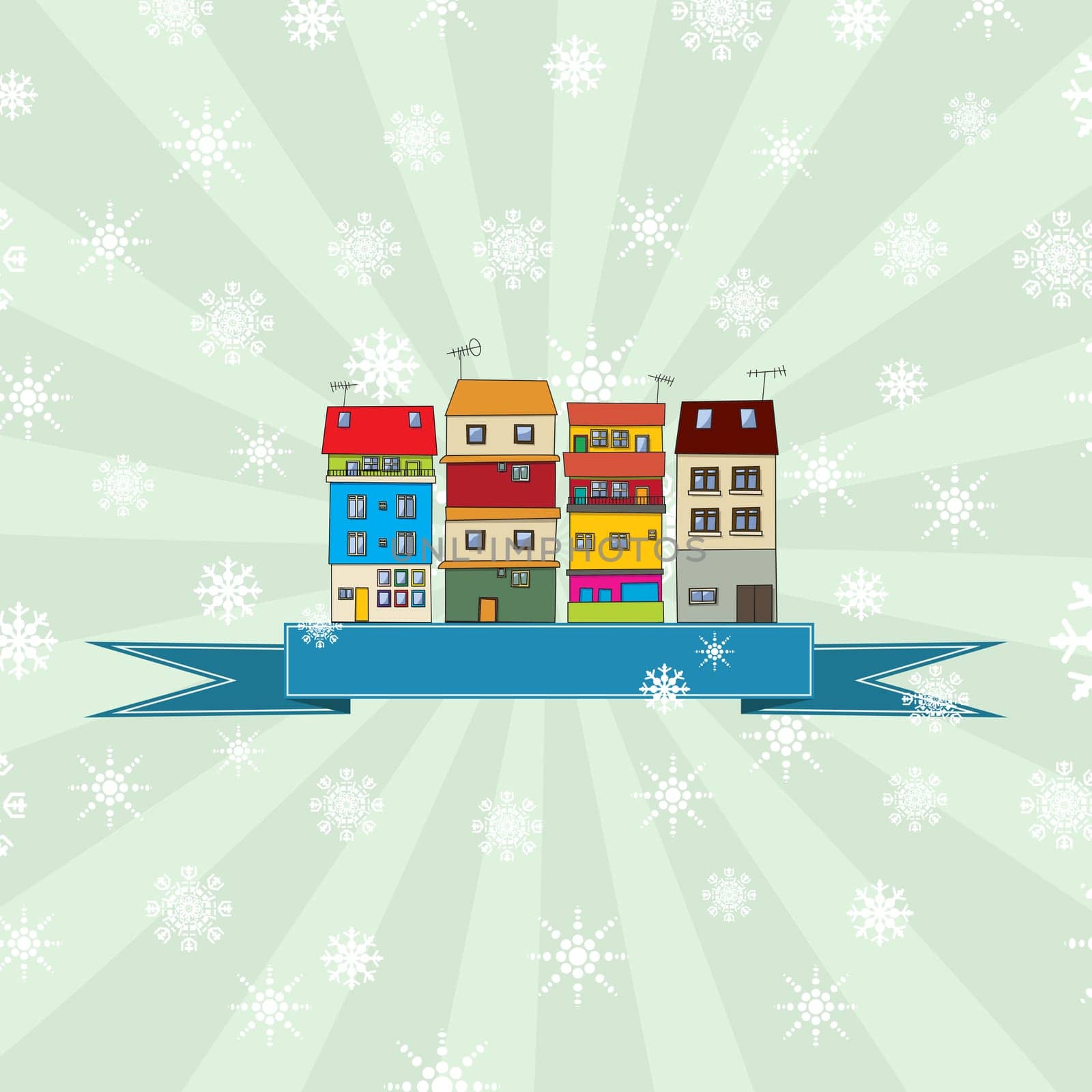 Winter holidays card with vintage houses and banner