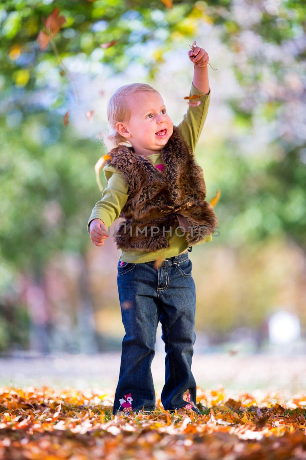 cute little girl with autumn leaves