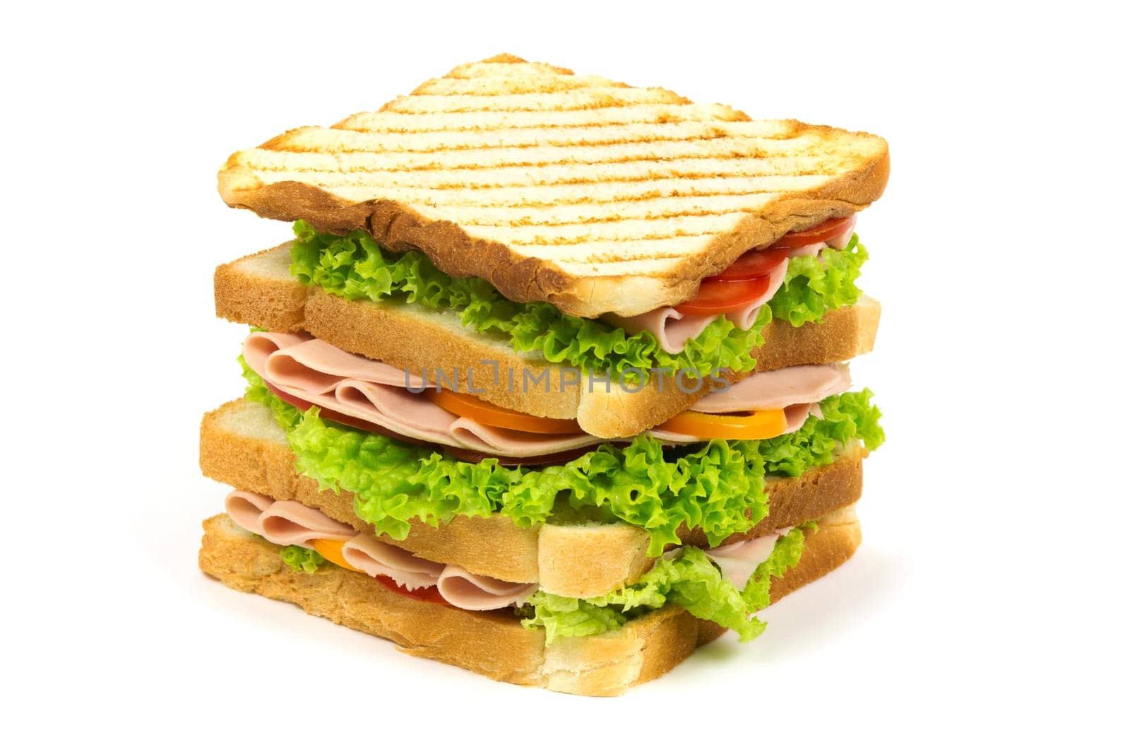 Sandwich,toast with salad and sausage against a white background