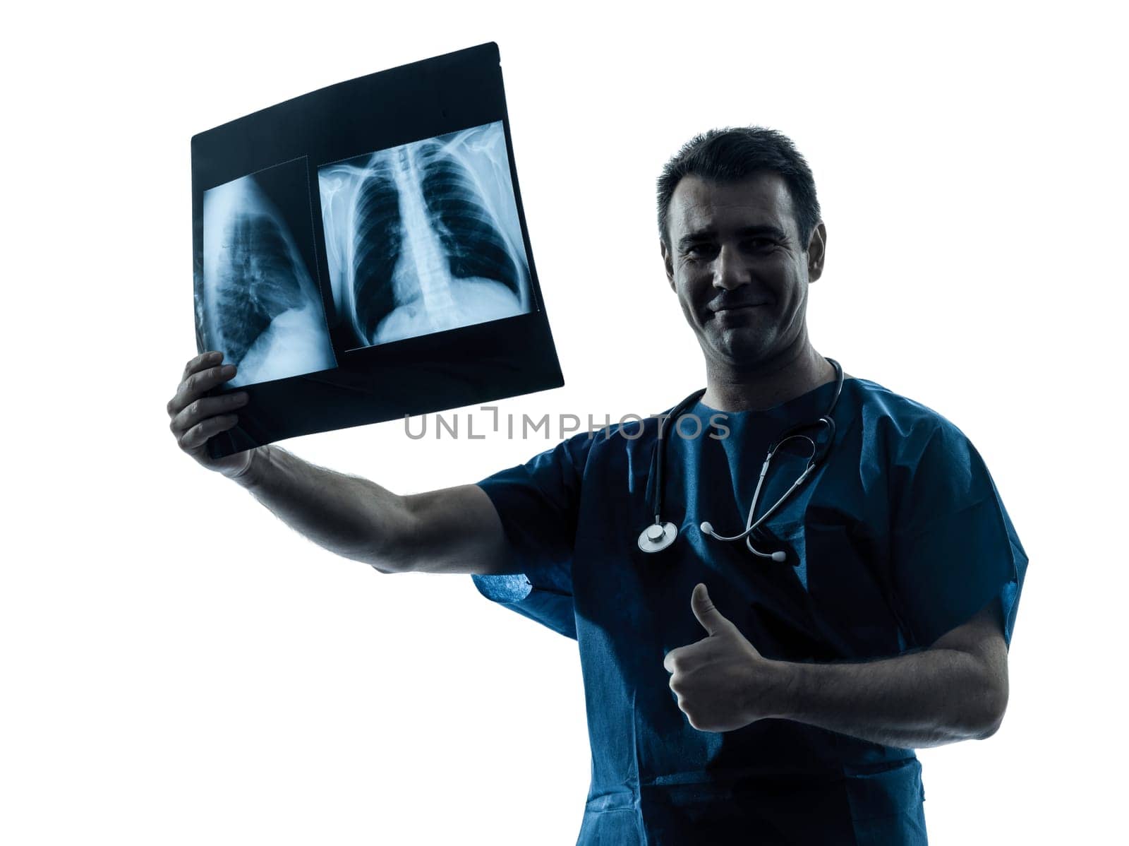 one caucasian man doctor surgeon radiologist medical thumb up examining lung torso  x-ray image silhouette isolated on white background