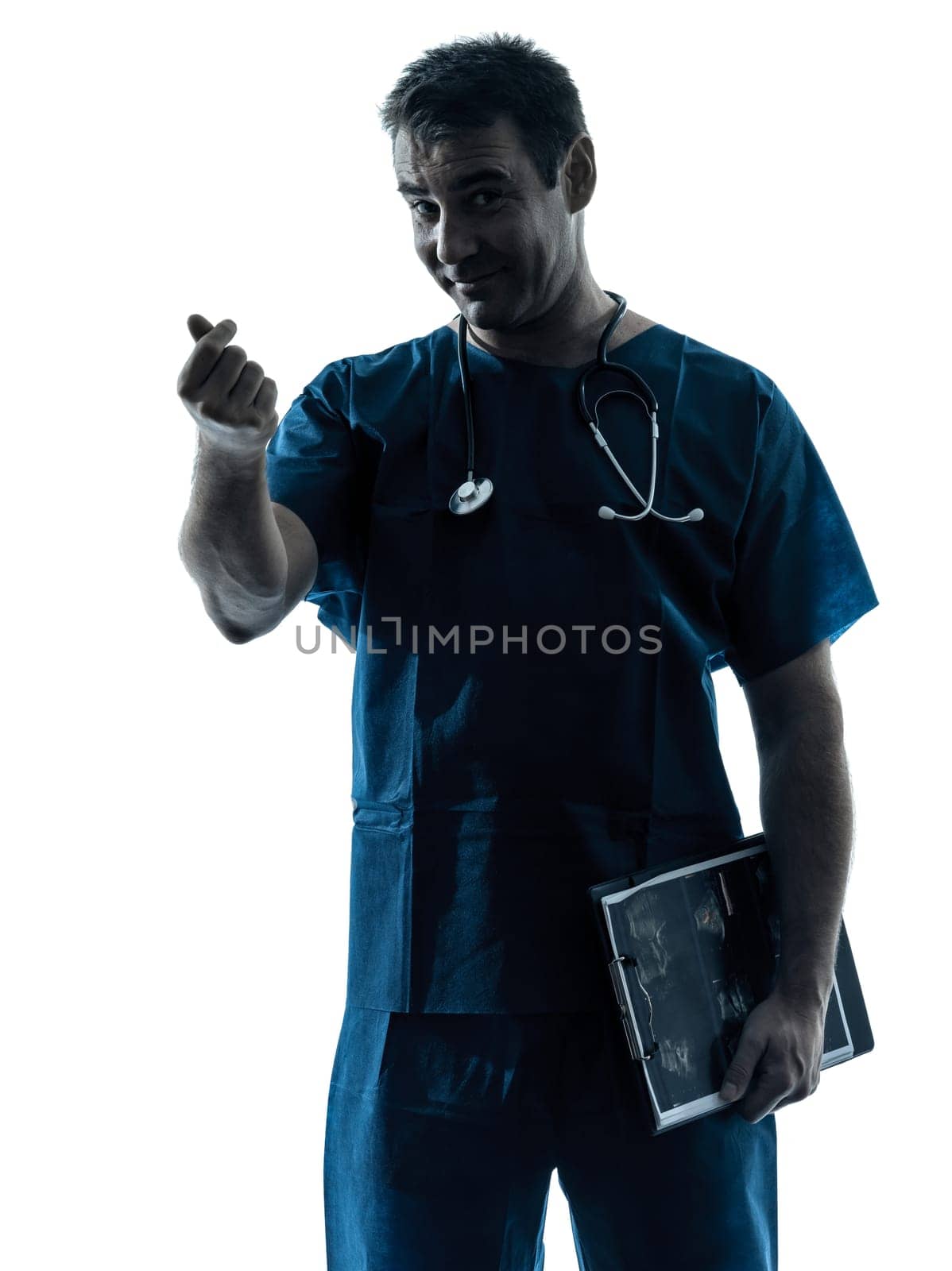 one caucasian man doctor surgeon medical worker portrait gesturing money  silhouette isolated on white background