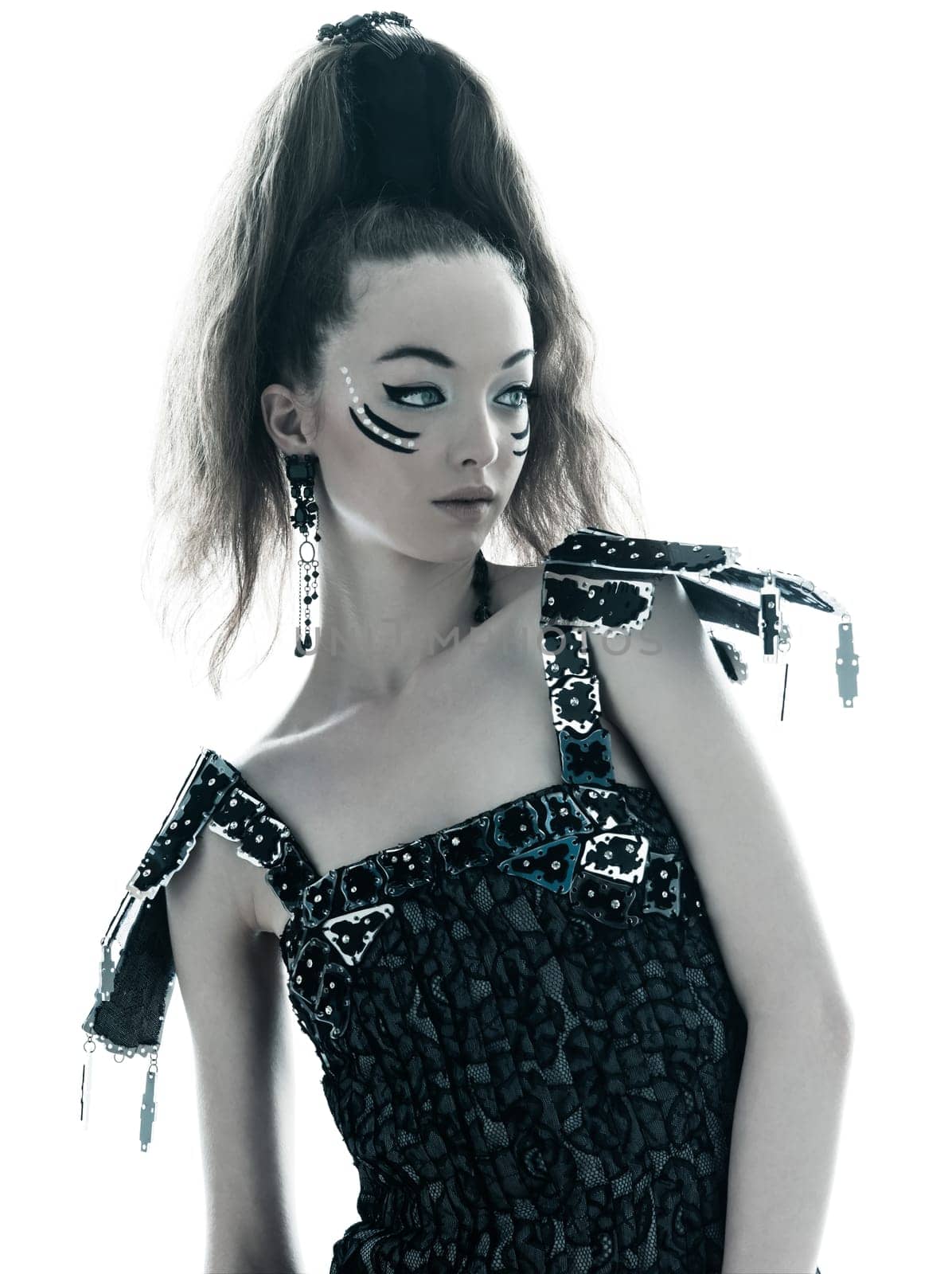 one young beautiful woman fashion model in on aura tout vu silk black fantasy haute couture summer dress in studio white background