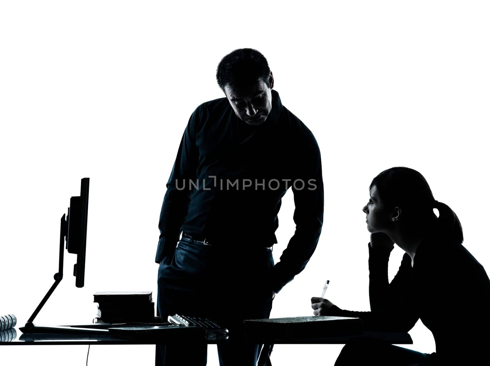one man father professor and student teenager girl helping for homework in silhouette indoors isolated on white background