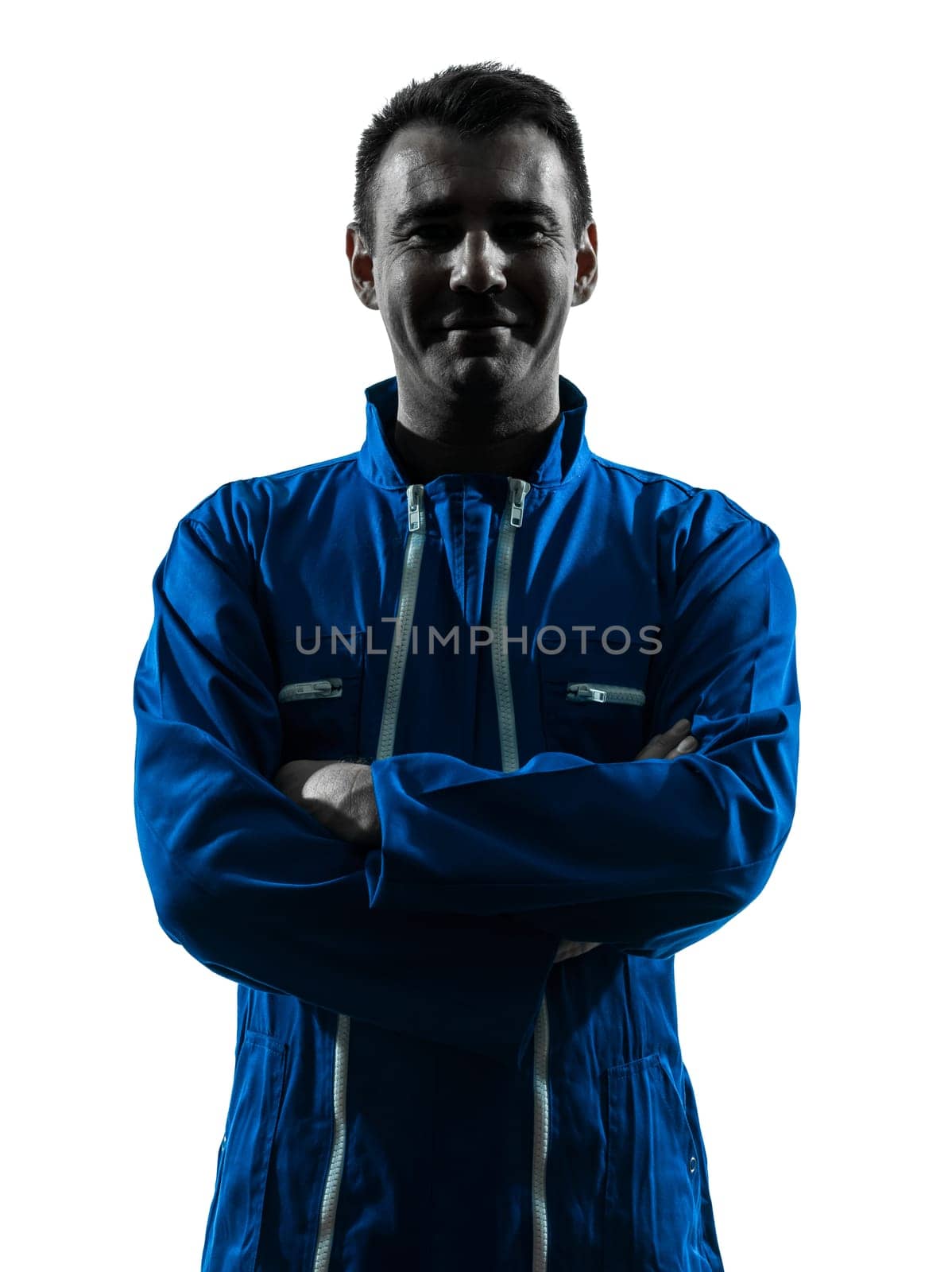 one caucasian man construction worker smiling friendly  silhouette portrait in studio on white background
