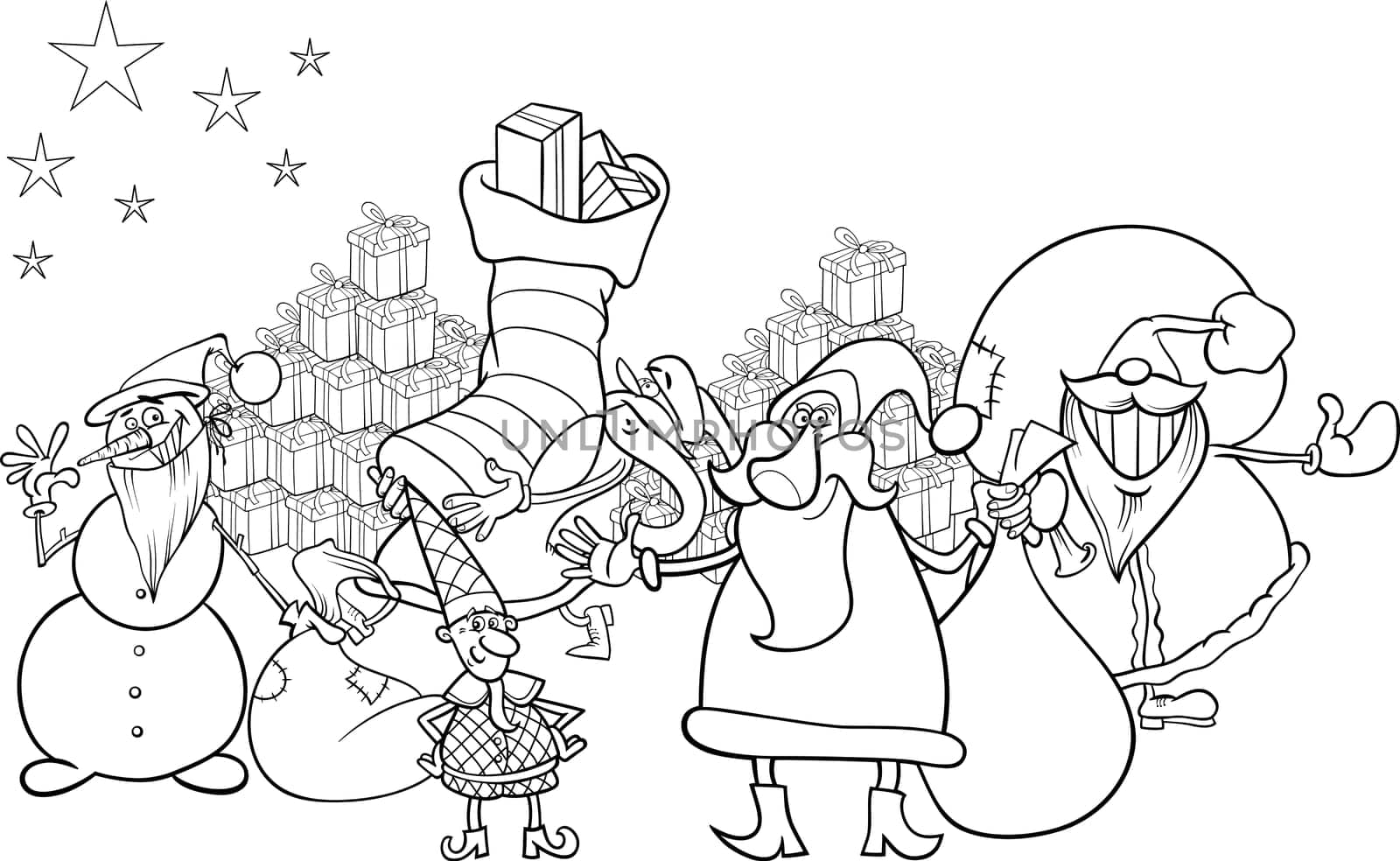 Black and White Cartoon Illustration of Santa Claus Group with Presents and Snowman and other Christmas Characters for Coloring Book